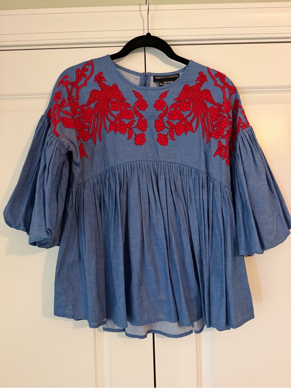 Blue Embroidered Puff-Sleeve Top with Red Floral Detail